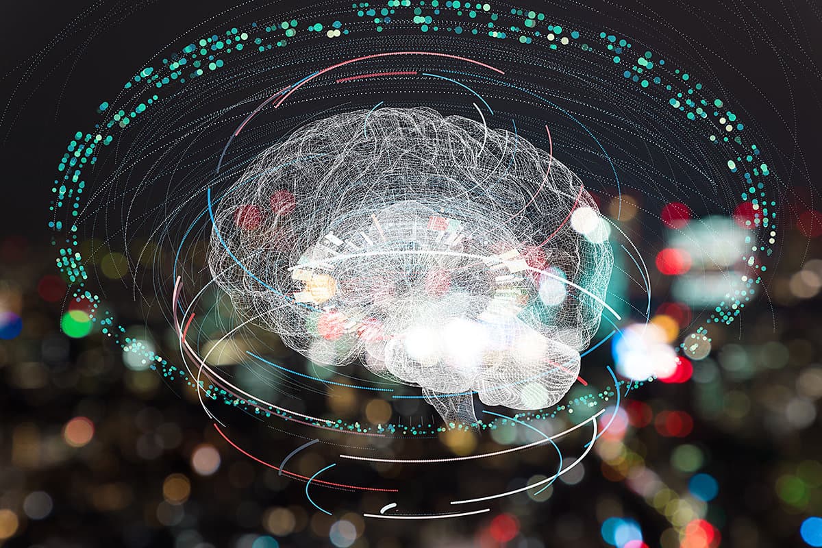 Intelligent technology visualized as a connected digital brain